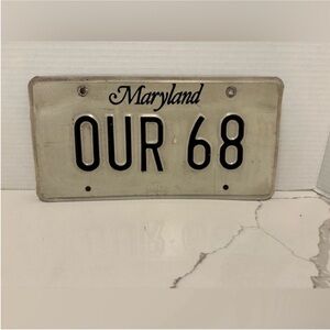 Vintage Maryland License Plate Vanity Plate OUR 68 white black expired